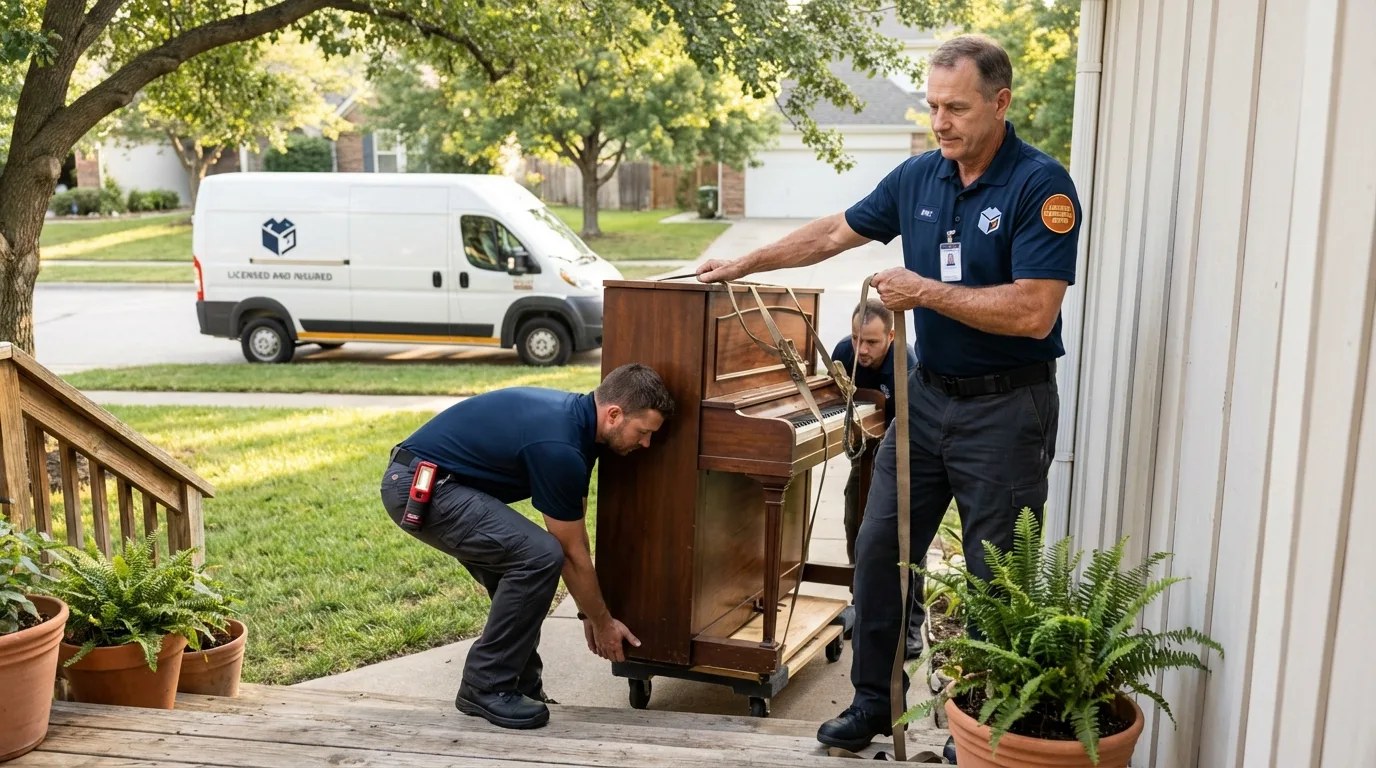 Licensed piano movers securing grand piano in Ashland, WI