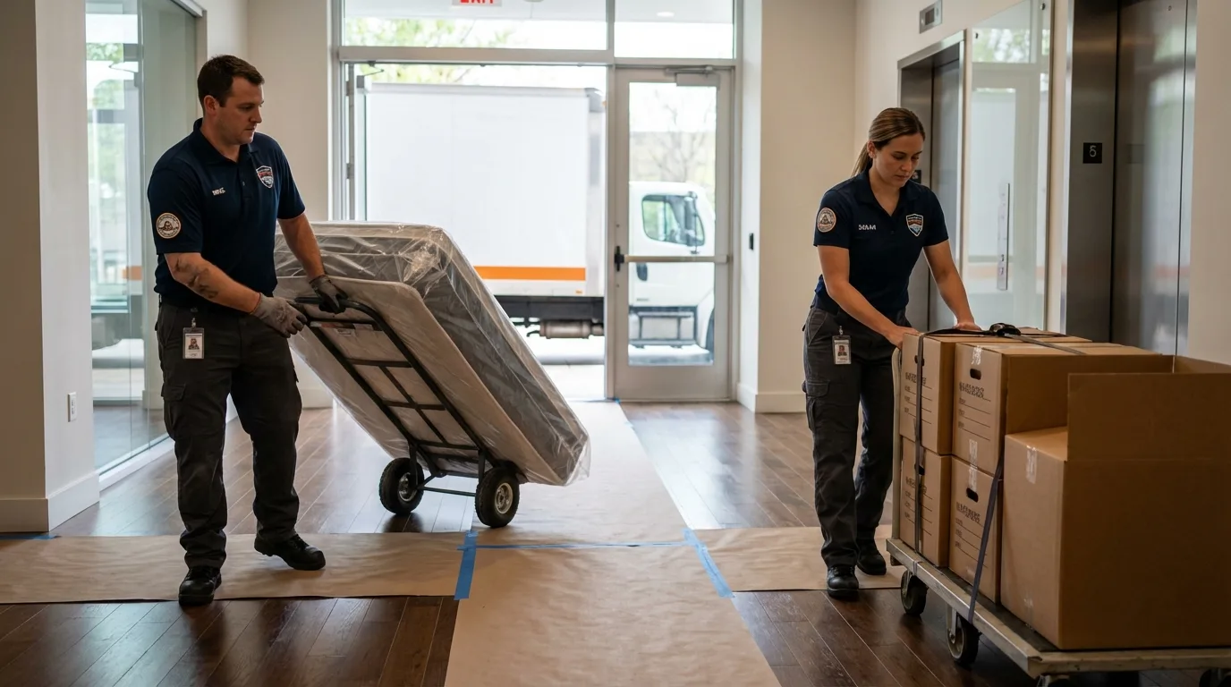 Professional apartment movers loading elevator in Ashland, WI